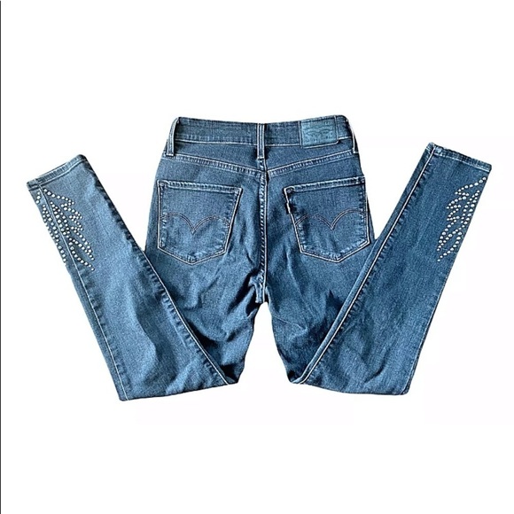 RARE Womens Levis 721 Jeans Sz 26 High Rise Skinny Ankle Black Denim Stud Flame - Picture 3 of 6